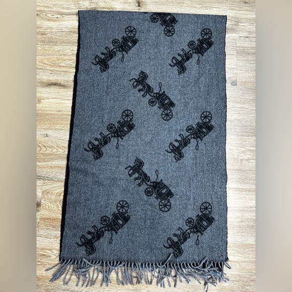 Coach Wool & Cashmere Horse And Carriage Oversized Muffler F76387 Black Gray - Picture 3 of 9